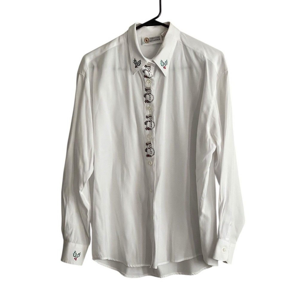 Christine Alexander Long Sleeve Button Up Shirt Large White Snowman Beaded